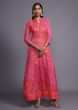 Pink And Coral Shaded Anarkali Dress With Bandhani And Foil Print In Chevron Pattern  