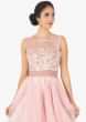 Pink satin and art organza net  gown with sheer yoke