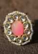 Pink Shaded Stone Ring With Kundan And Pearls In Floral Pattern 