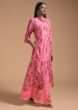 Pink High Low Kurti And Skirt Set In Silk Enhanced With Digital Print  