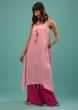 Pink Icing Linen Satin Kurti And Hot Pink Palazzo Set With High Slits On The Sides And Sequins Work