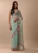 Pool Blue Saree In Organza With 3D Floral Embroidery In Thread, Zardosi & French Knots