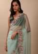 Pool Blue Saree In Organza With 3D Floral Embroidery In Thread, Zardosi & French Knots