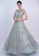 Powder Blue Net Gown With Double Layers And Zari Embroidered Butti Online - Kalki Fashion