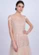 Powder pink scallop embroidered fish cut gown with strap and cold shoulder sleeves only on Kalki