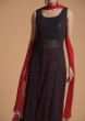 Dark Purple Straight Suit In Sheer Georgette With Lucknowi Work And Contrasting Red Palazzo Pants  
