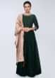 Rama green silk anarkali gown  with embroidered bodice with peach cotton dupatta in lace embroidery