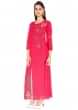 Rani Pink Cotton, Georgette Kurti With Elegant Thread Work Across Shoulder And Bottom Only On Kalki