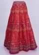 Red Lehenga In Printed Cotton Silk With Contrasting Peach Organza Dupatta Online - Kalki Fashion
