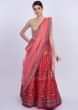 Red Lehenga In Printed Cotton Silk With Contrasting Peach Organza Dupatta Online - Kalki Fashion
