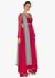 Red georgette anarkali with lycra churidar and contrasting blue net dupatta
