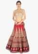 Red raw silk  lehenga set paired with net dupatta embellished in floral embroidery