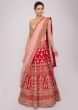 Red raw silk lehenga with pink net dupatta and unstitched red blouse
