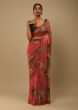 Red Saree In Crepe Georgette With Printed Floral Motifs And Unstitched Blouse  