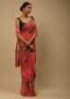 Red Saree In Crepe Georgette With Printed Floral Motifs And Unstitched Blouse  