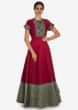 Red and grey anarkali gown in cotton silk beautified in cut dana embroidery work only on Kalki
