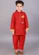Kalki Boys Red Kurta Set With Embroidered Fire Lamp Motif And Gotta Lace Work
