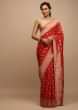 Red Saree In Dola Silk With Woven Buttis And Floral Weave On The Pallu
