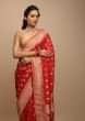 Red Saree In Dola Silk With Woven Buttis And Floral Weave On The Pallu