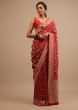 Red Saree In Georgette With Golden Woven Floral Jaal Work