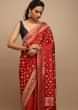 Red Saree In Satin Silk With Woven Geometric Jaal And Butti Design