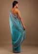 River Blue Satin Saree With Swarovski Stone Work In A Floral Pattern