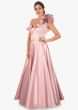 Rose Gold Heavy Satin Gown With 3D Flower And One Sided Neckline Online - Kalki Fashion