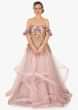 Rose Pink Off Shoulder Net Gown Featuring Handwork and Ruffles