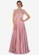 Rose pink gown in satin with moti embroidered bodice only on Kalki