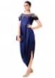 Royal Blue Draped Gown With Hand Embroidered Cold Shoulder Online - Kalki Fashion