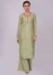 Sage green cotton suit set in self resham and sequins floral embroidery 