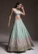Sage Green Lehenga Choli In Raw Silk With Vibrant Resham Embroidered Cluster Of Summer Blooms And Buttis 
