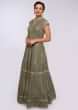 Sage green net anarkali gown in floral and paisley motif only on Kalki