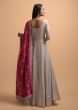 Sand Grey Angrakha Style Anarkali Suit In Cotton With Woven Stripes Magenta Brocade Dupatta  