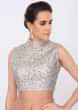 Silver Blouse With A Mix Of Golden And Silver Sequins Embroidery And High Neck Online - Kalki Fashion
