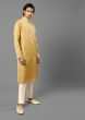 Mustard Kurta In Cotton Silk With Zari Embroidered Floral Buttis And Thread Work On The Yoke