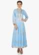 Sky blue A line dress adorn in gotta lace embroidered placket and butti