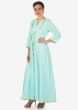 Sky blue A line dress with attach jacket in gotta lace only on Kalki