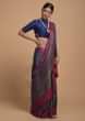 Steel Blue Saree In Silk With Woven Moroccan Jaal Design And Contrasting Red Woven Border  