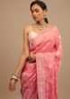 Coral Pink Saree In Silk With Woven Floral Jaal And Intricate Floral Border