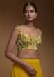 Sun Yellow Skirt, Crop Top And Jacket With 3D Flowers And Embossed Embroidery 