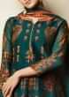 Teal blue brown unstitched suit in cotton with floral butti and printed neckline