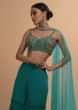 Teal Sharara And Crop Top Set With Colorful Resham, Cut Dana And Moti Embroidered Spring Blooms  