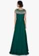 Teal green anarkali suit in cold shoulder with zardosi and gotta patch embroidery only on Kalki