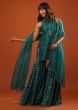 Teal Green Raw Silk Sleevless Sharara Suit With Brocade Buttis And Bandhani