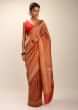 Tomato Red Saree In Pure Handloom Silk With Golden Woven Moroccan Jaal And Multi Colored Highlights 