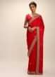 True Red Saree In Satin With Hand Embroidered Scallop Motifs On The Border And Butti Design 
