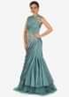 Turkish Blue Satin Gown with Resham Work and Pleated Bodice Only on Kalki