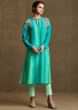 Turq Blue And Parrot Green Kurti In Silk With Resham Embroidery In Floral Motif Online - Kalki Fashion