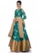 Turquoise Silk Top and Skirt with Cream Organza Dupatta Crafted with Moti and Zardosi Work only on Kalki